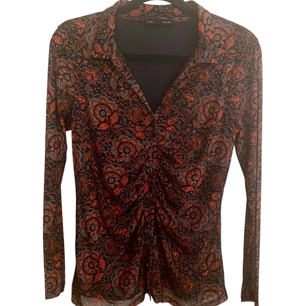 Jane & Delancey Ruched Floral Mesh Top Boho Y2K Fitted Long Sleeve Brown VNeck-M